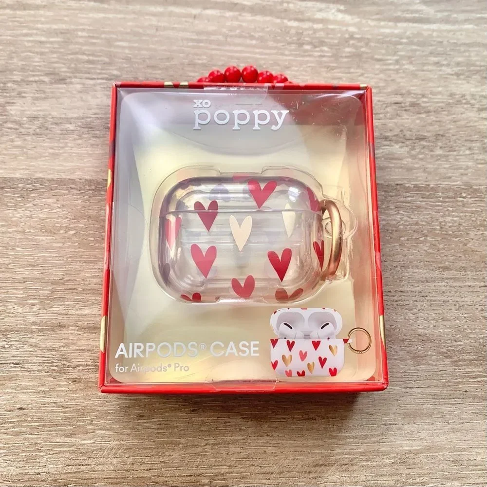 NIB XO Poppy AirPods Pro Clear Case Red Gold Hearts Keychain